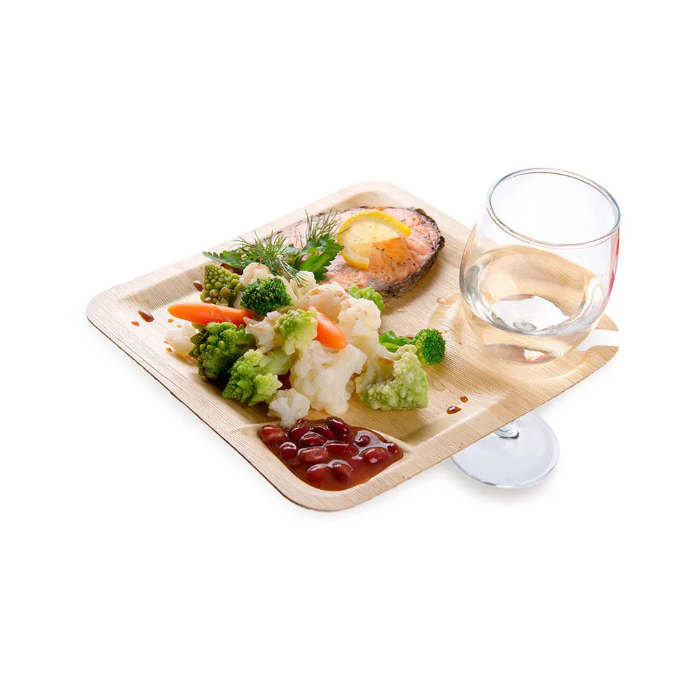 100 Square Natural 7" Bamboo Leaf Plate and Cup Holders and 100 Natural Bamboo Disposable Flatware Sets