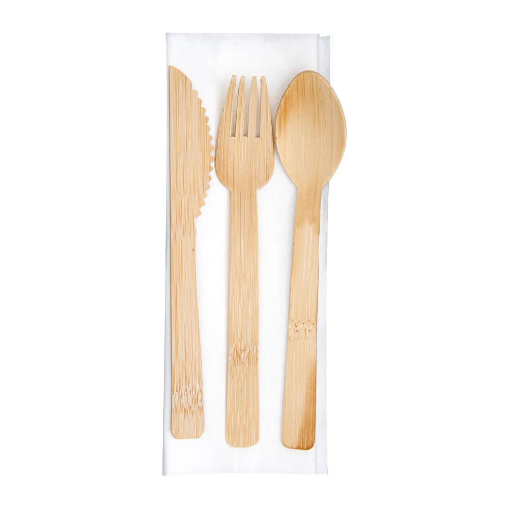 100 Square Natural 7" Bamboo Leaf Plate and Cup Holders and 100 Natural Bamboo Disposable Flatware Sets