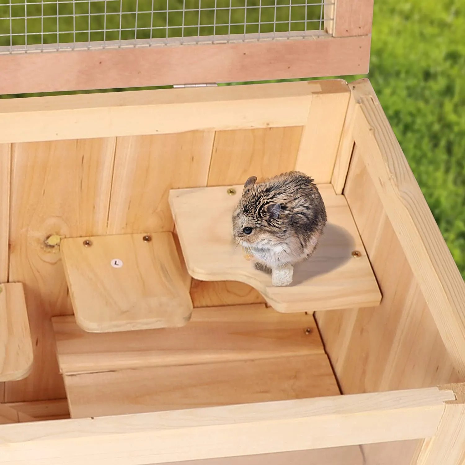 2 Layers Wooden Hamster Cage Hut Small Animal Play House with Shelf and Ladder