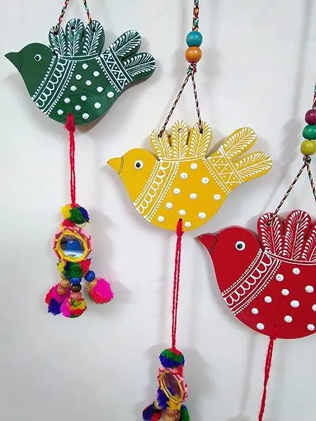 Aadya Creation : Decorative Fancy Bird Wind Chime Jaipuri Handmade Emboss Hand-Painted Decoration Show, Piece in Wooden.