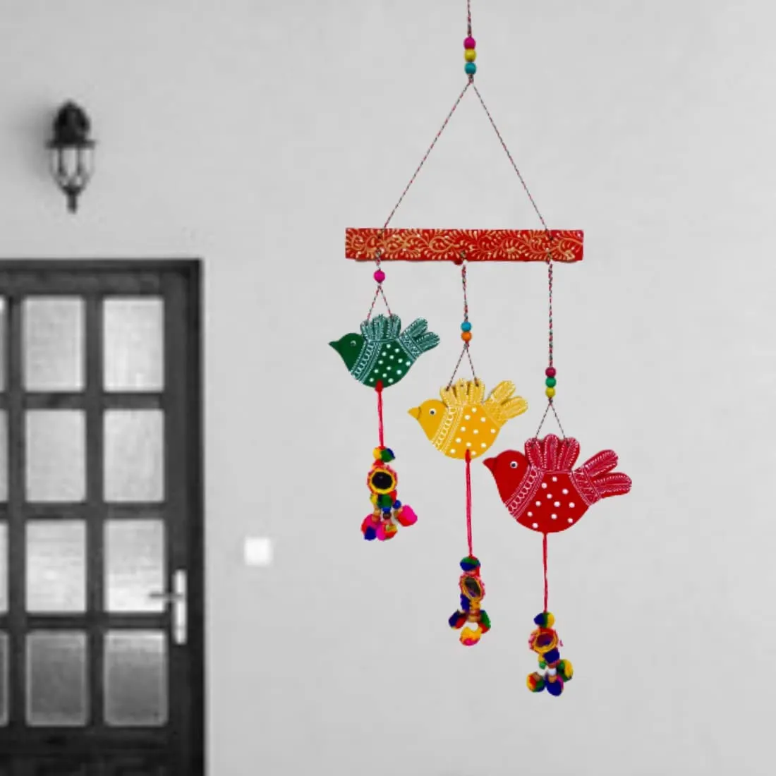 Aadya Creation : Decorative Fancy Bird Wind Chime Jaipuri Handmade Emboss Hand-Painted Decoration Show, Piece in Wooden.