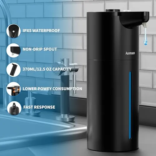 Aunmaon Automatic Soap Dispenser Touchless,Upgrade 15 Adjustable Volume for Thick and Thin Liquid Battery Hand Soap Dispenser,Dish Soap Dispenser Kitchen Bathroom,Auto Soap Dispenser Hands Free Black