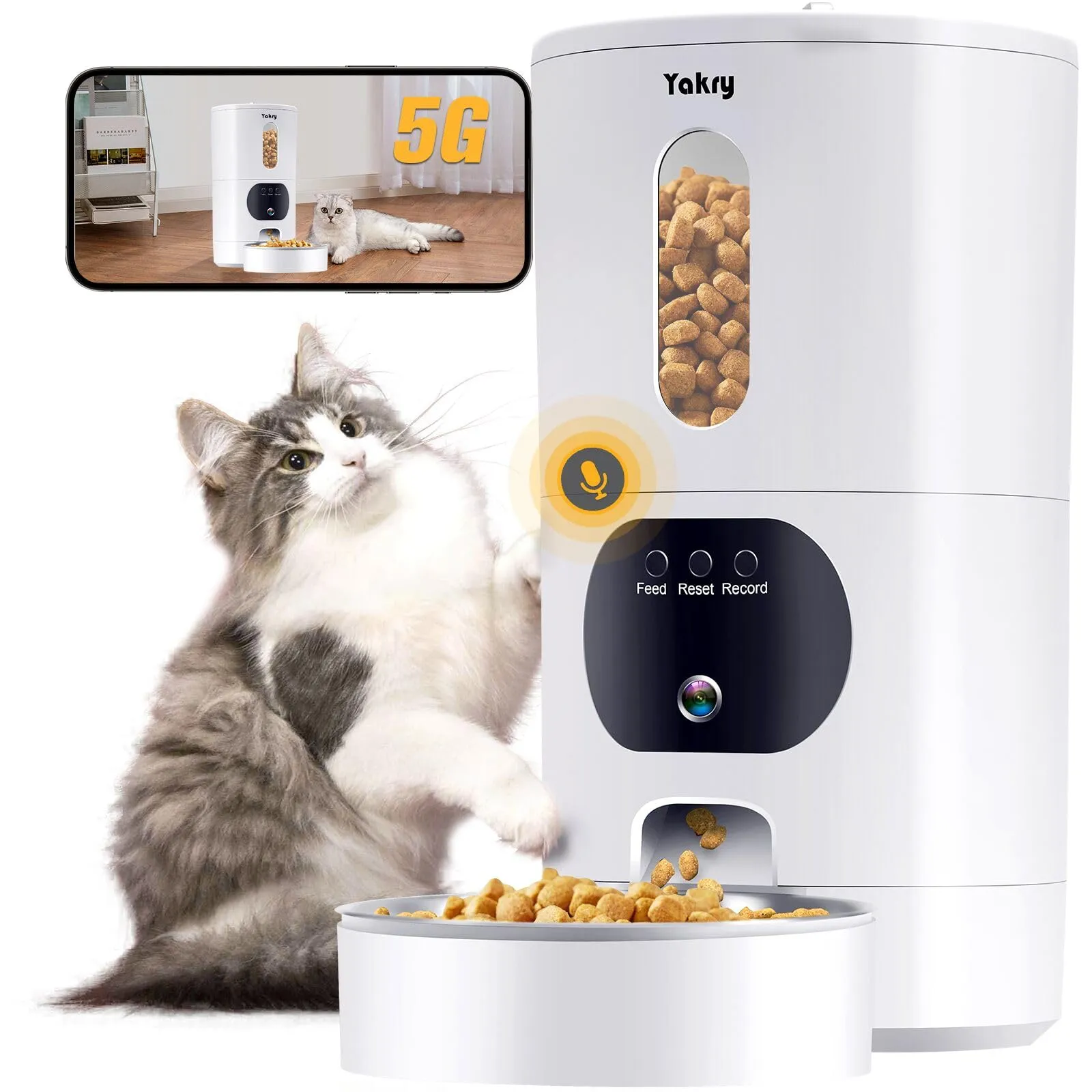 Automatic Cat Feeders Camera 5G: WiFi Easy to Clean Timed Smart Dog Food Dispenser 2-Way Audio Memory Function Pet Feeder HD 1080P Video Record APP Control Dry Food Clear Night Vision Yakry