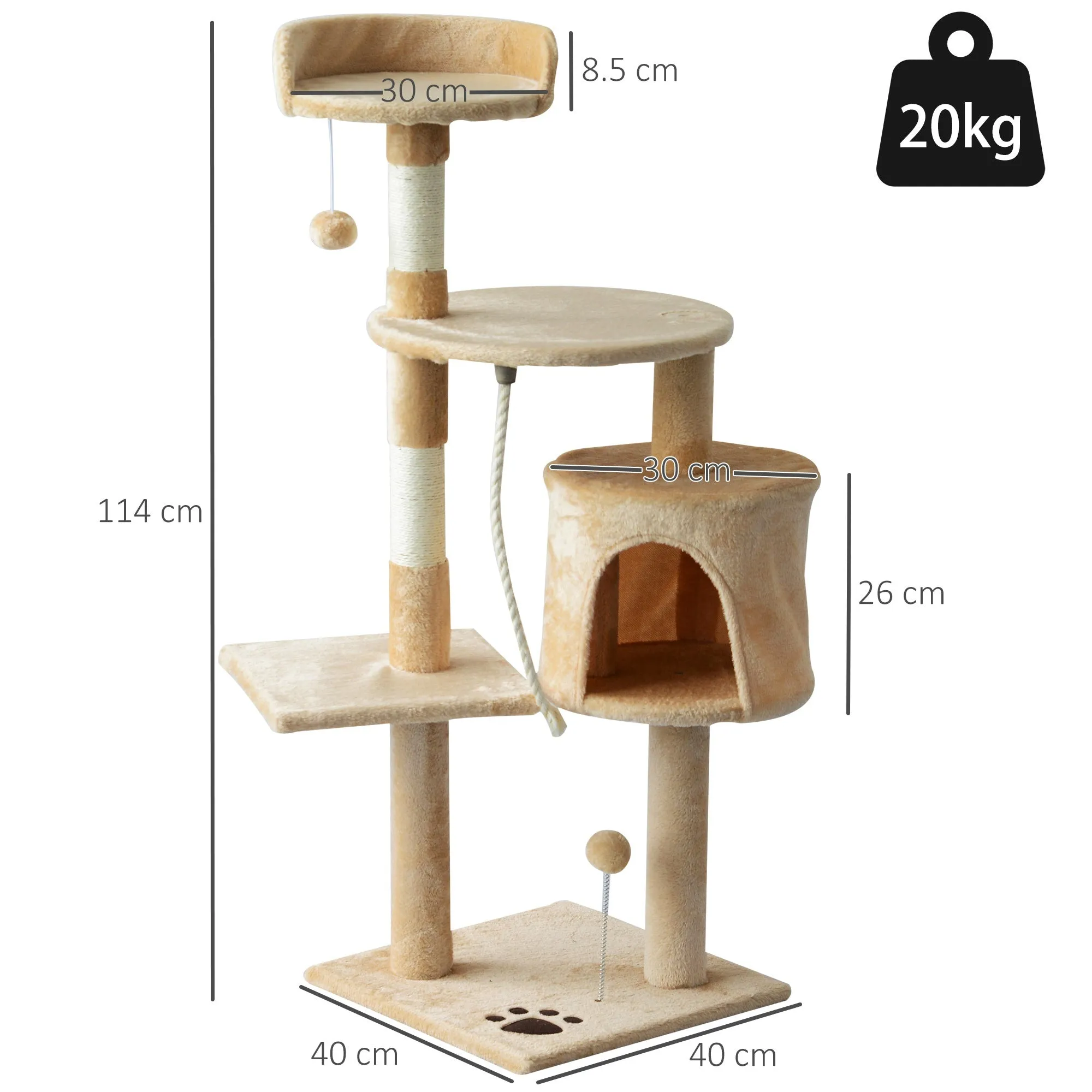 Cat Tree for Indoor Cats Pet Activity Centre Kitty Condo Climbing Scratching Post with Toys 4-tier 114cm Tall Beige