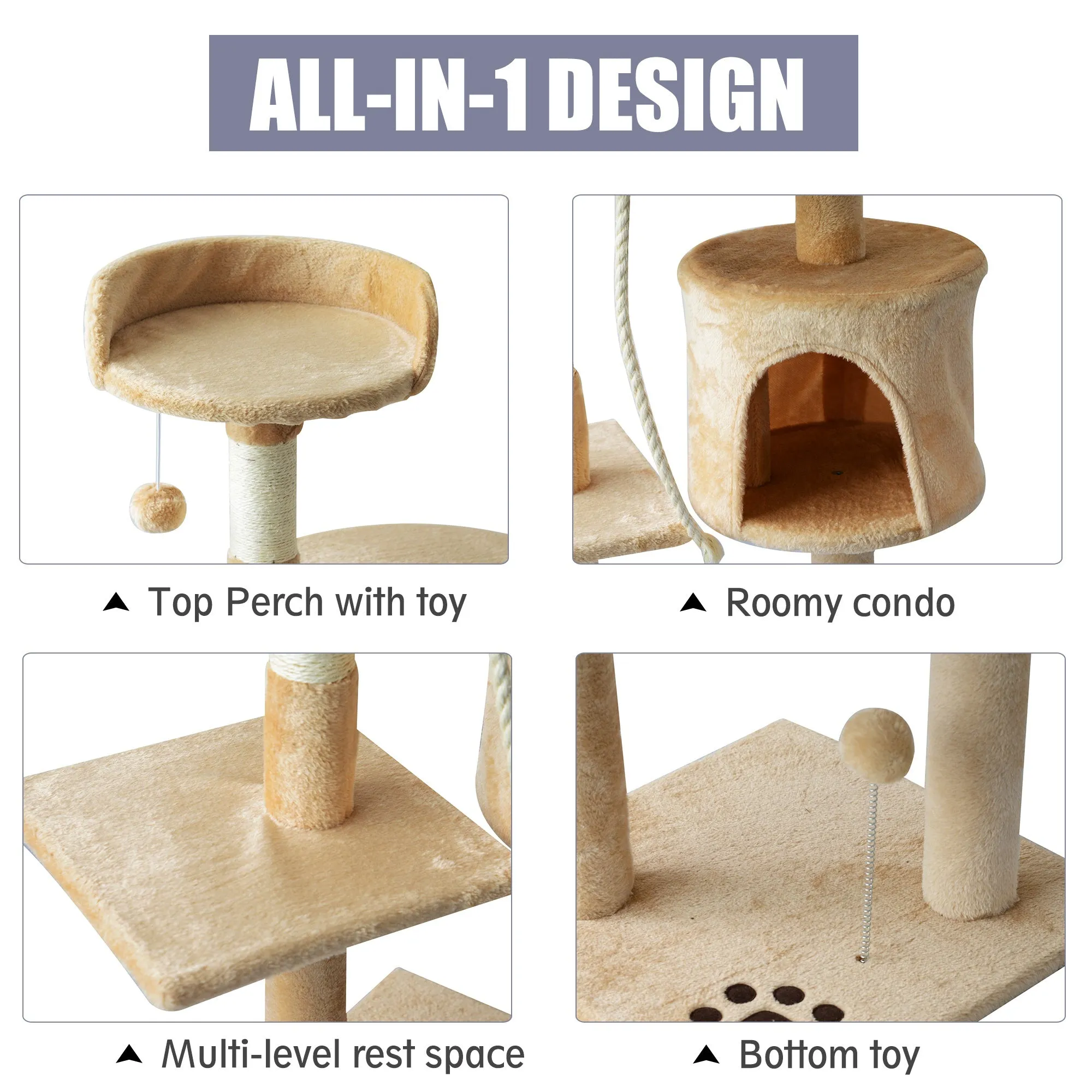 Cat Tree for Indoor Cats Pet Activity Centre Kitty Condo Climbing Scratching Post with Toys 4-tier 114cm Tall Beige