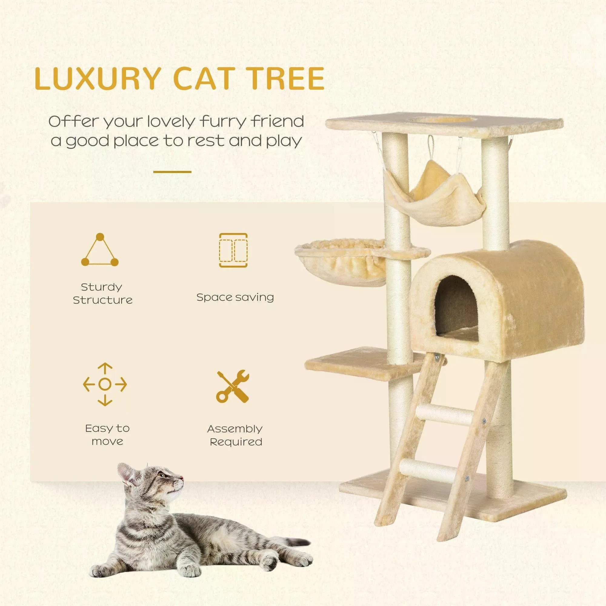 Cat Tree Tower Kitten Activity Centre Scratching Post w/ Hammock Condo Bed Basket Ladder 98 cm, Beige