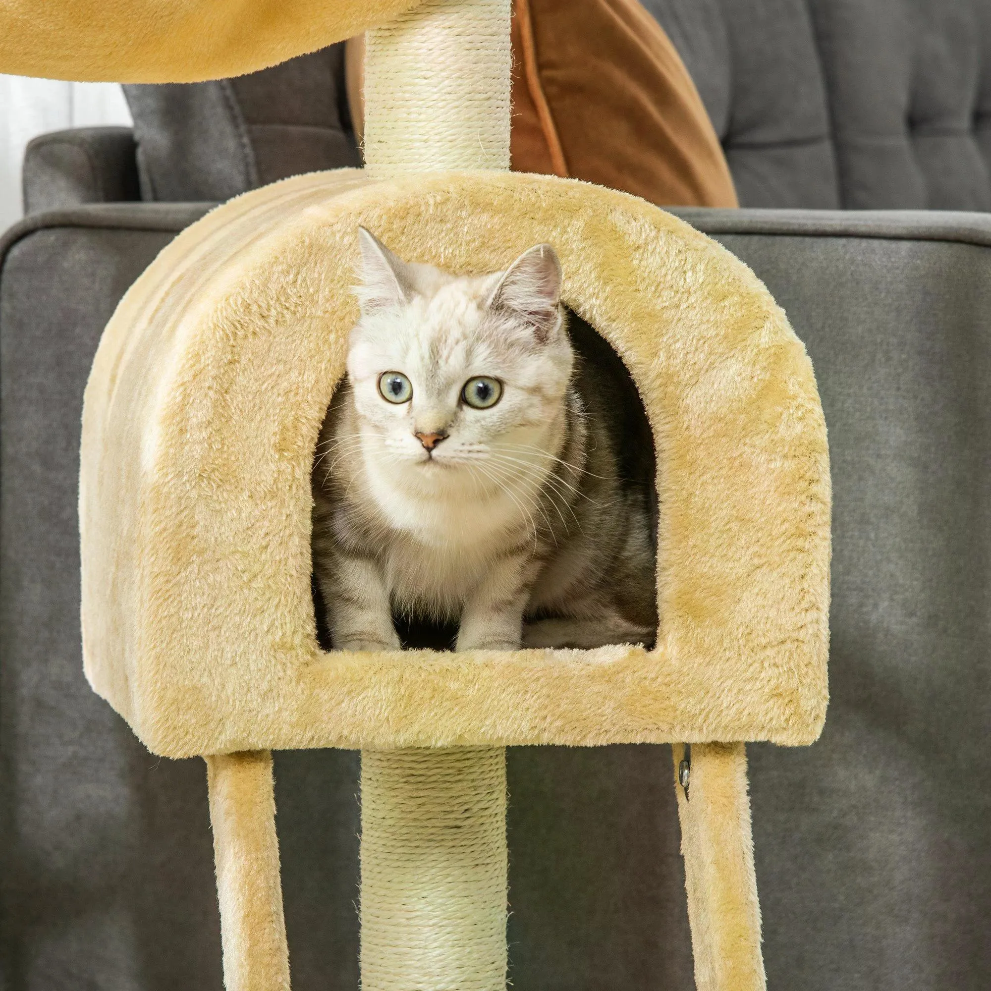 Cat Tree Tower Kitten Activity Centre Scratching Post w/ Hammock Condo Bed Basket Ladder 98 cm, Beige