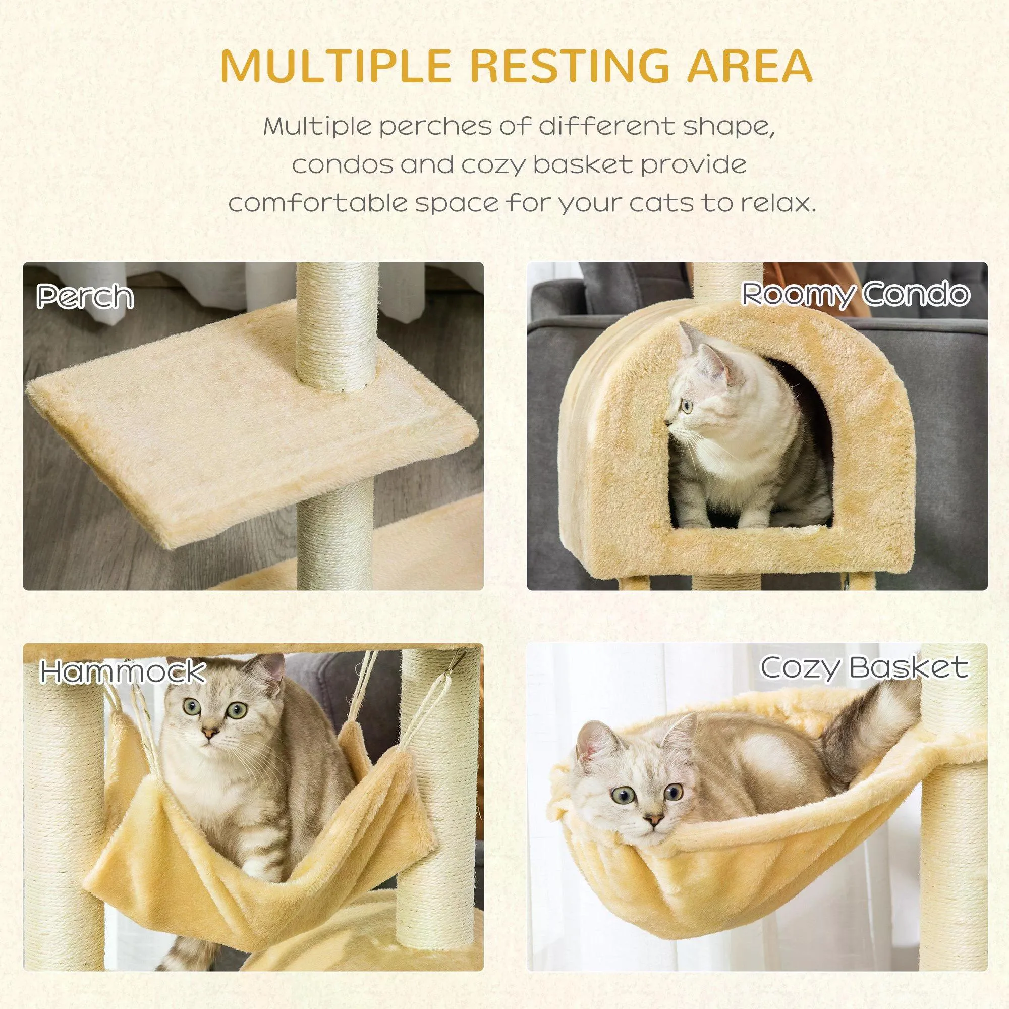 Cat Tree Tower Kitten Activity Centre Scratching Post w/ Hammock Condo Bed Basket Ladder 98 cm, Beige