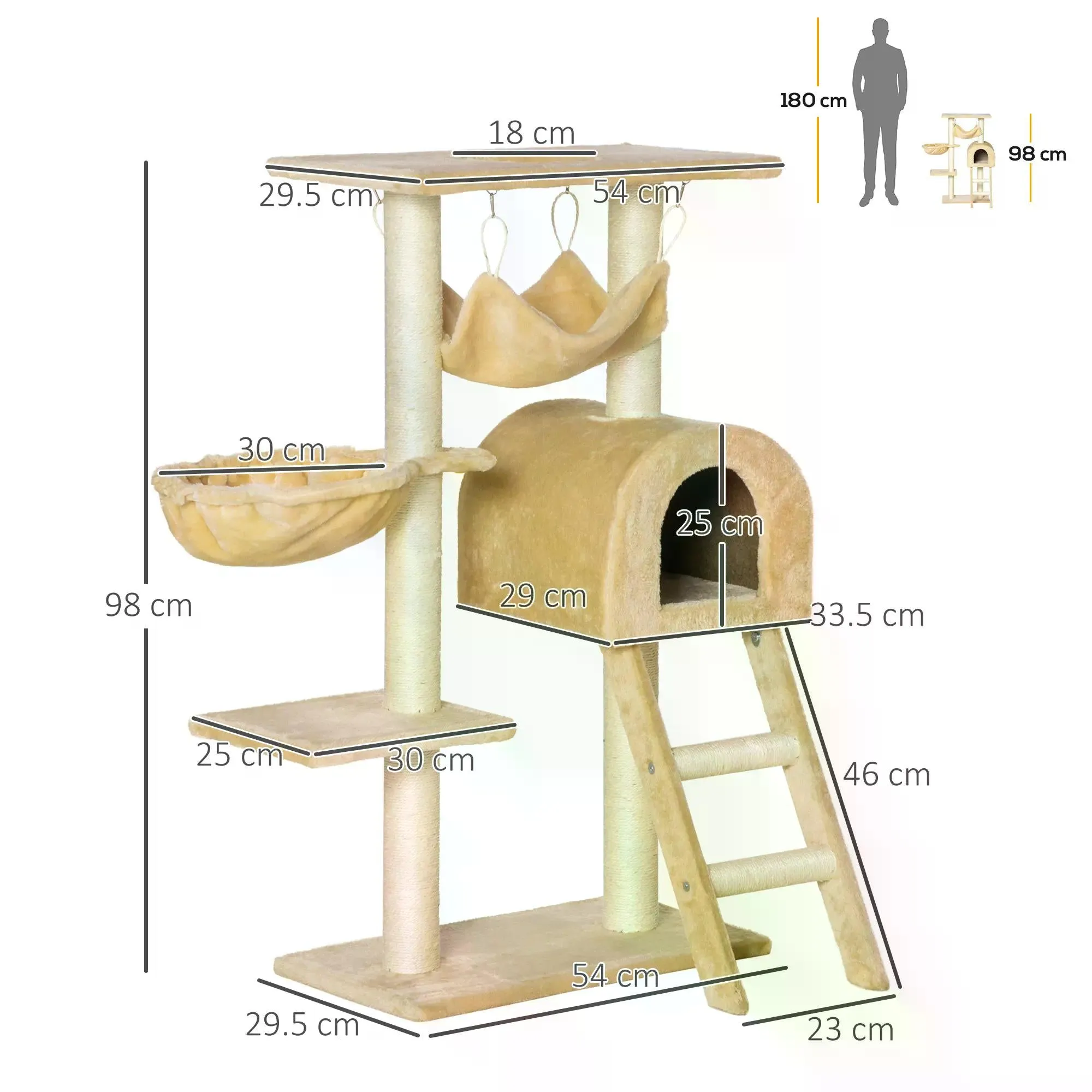 Cat Tree Tower Kitten Activity Centre Scratching Post w/ Hammock Condo Bed Basket Ladder 98 cm, Beige