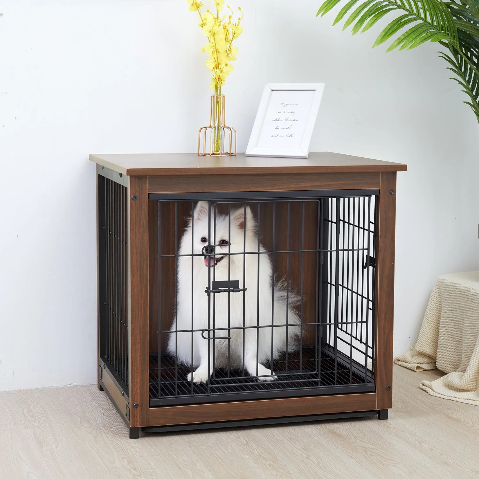 Dog Training Crate Kennel Double Door with Tray Metal Wood Dog Cage