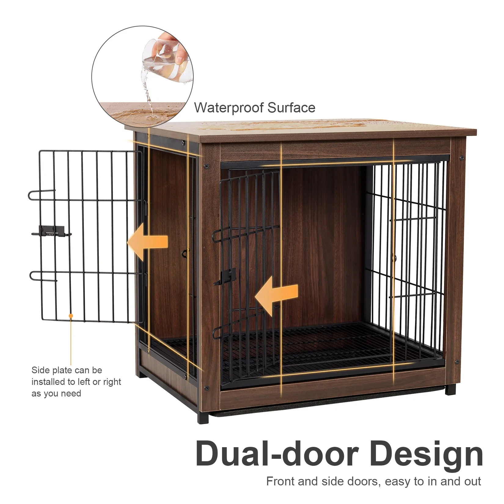 Dog Training Crate Kennel Double Door with Tray Metal Wood Dog Cage