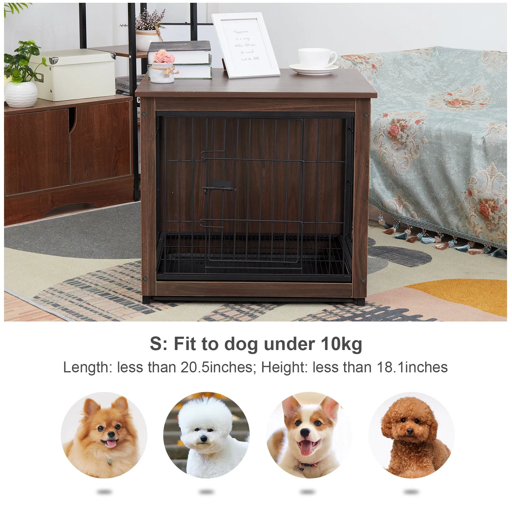 Dog Training Crate Kennel Double Door with Tray Metal Wood Dog Cage