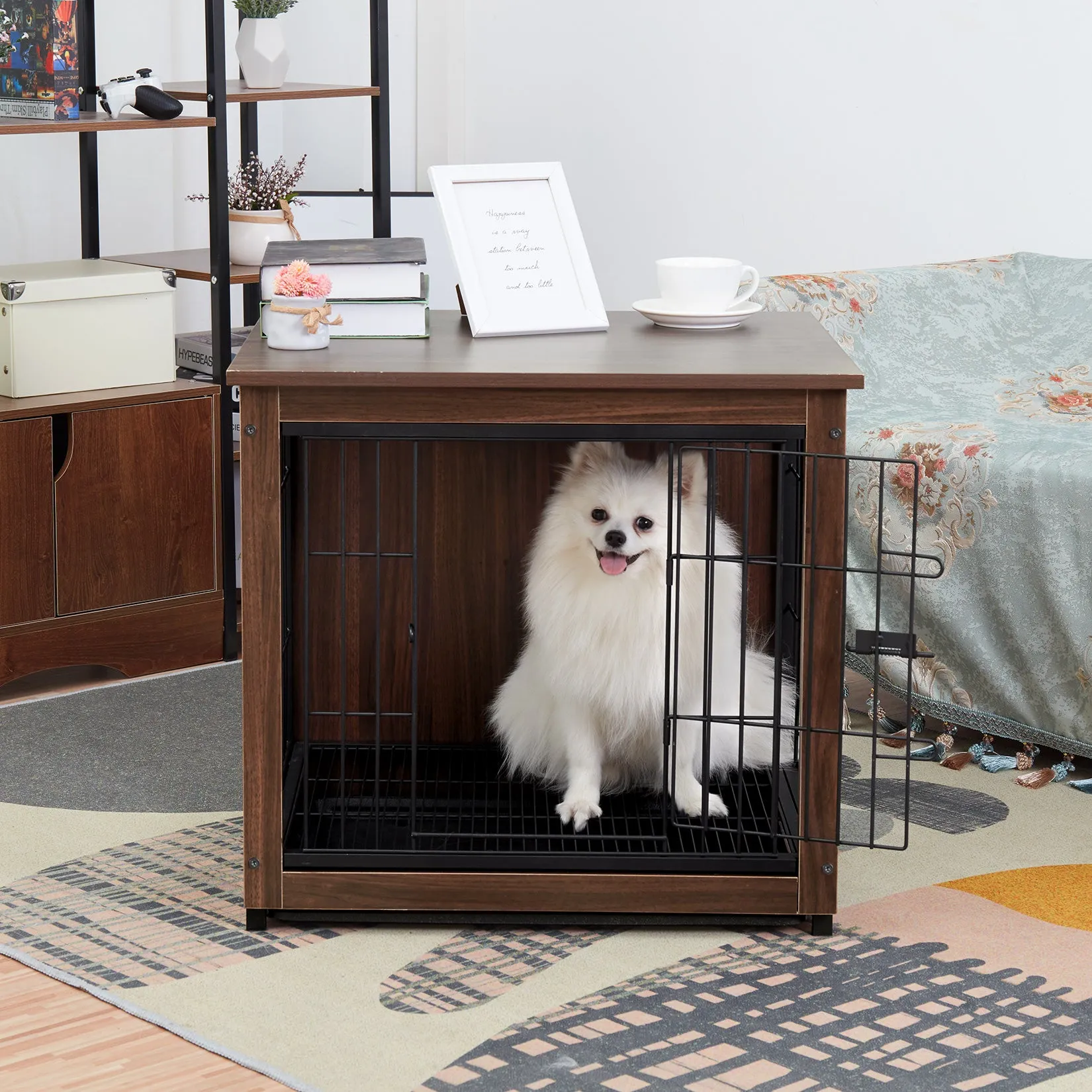 Dog Training Crate Kennel Double Door with Tray Metal Wood Dog Cage