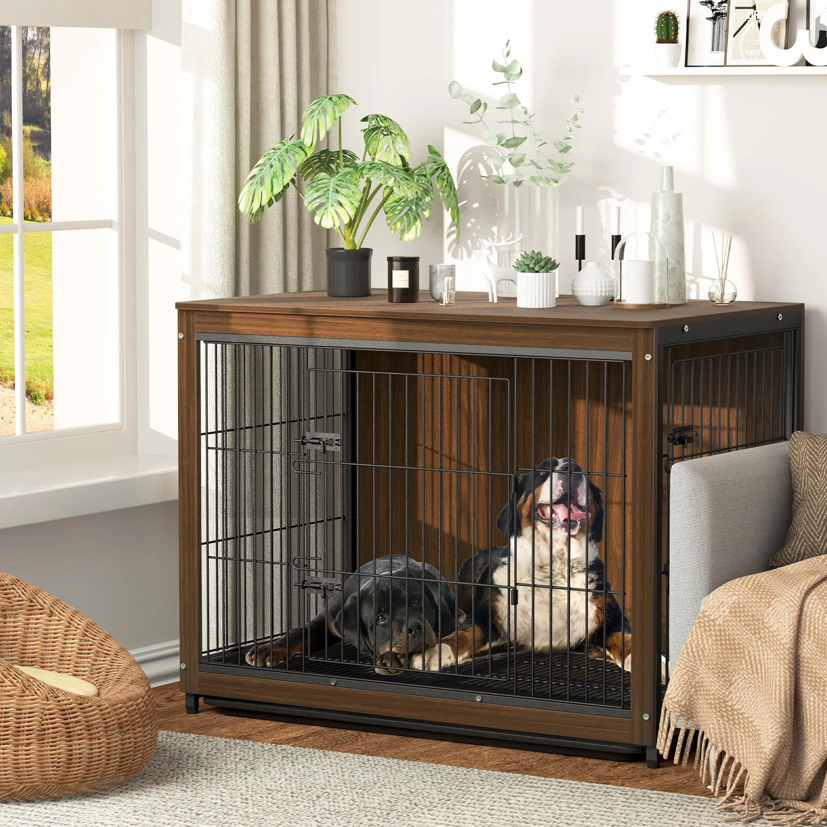 Dog Training Crate Kennel Double Door with Tray Metal Wood Dog Cage