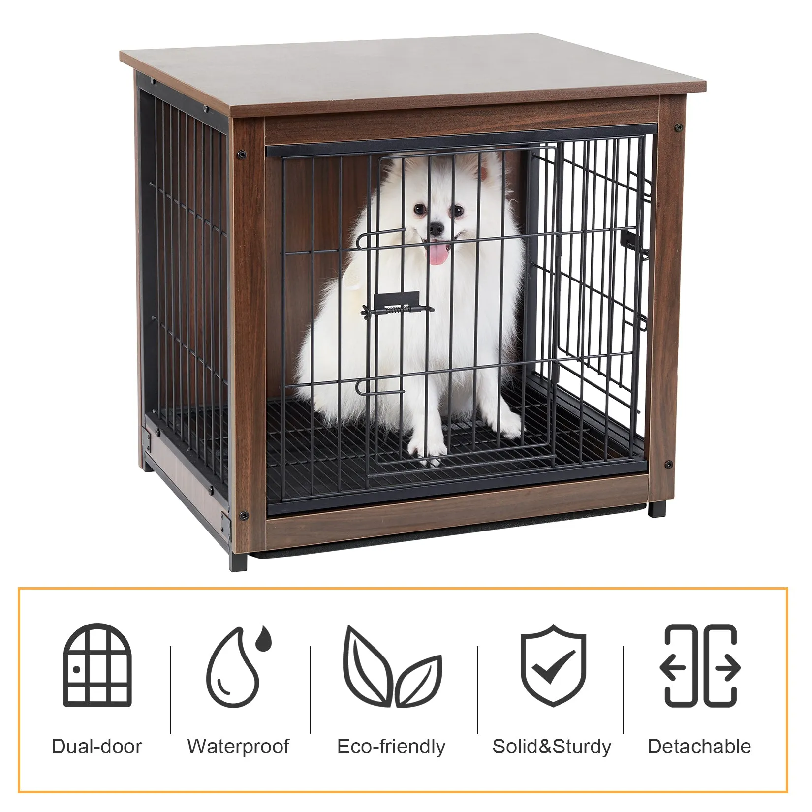 Dog Training Crate Kennel Double Door with Tray Metal Wood Dog Cage