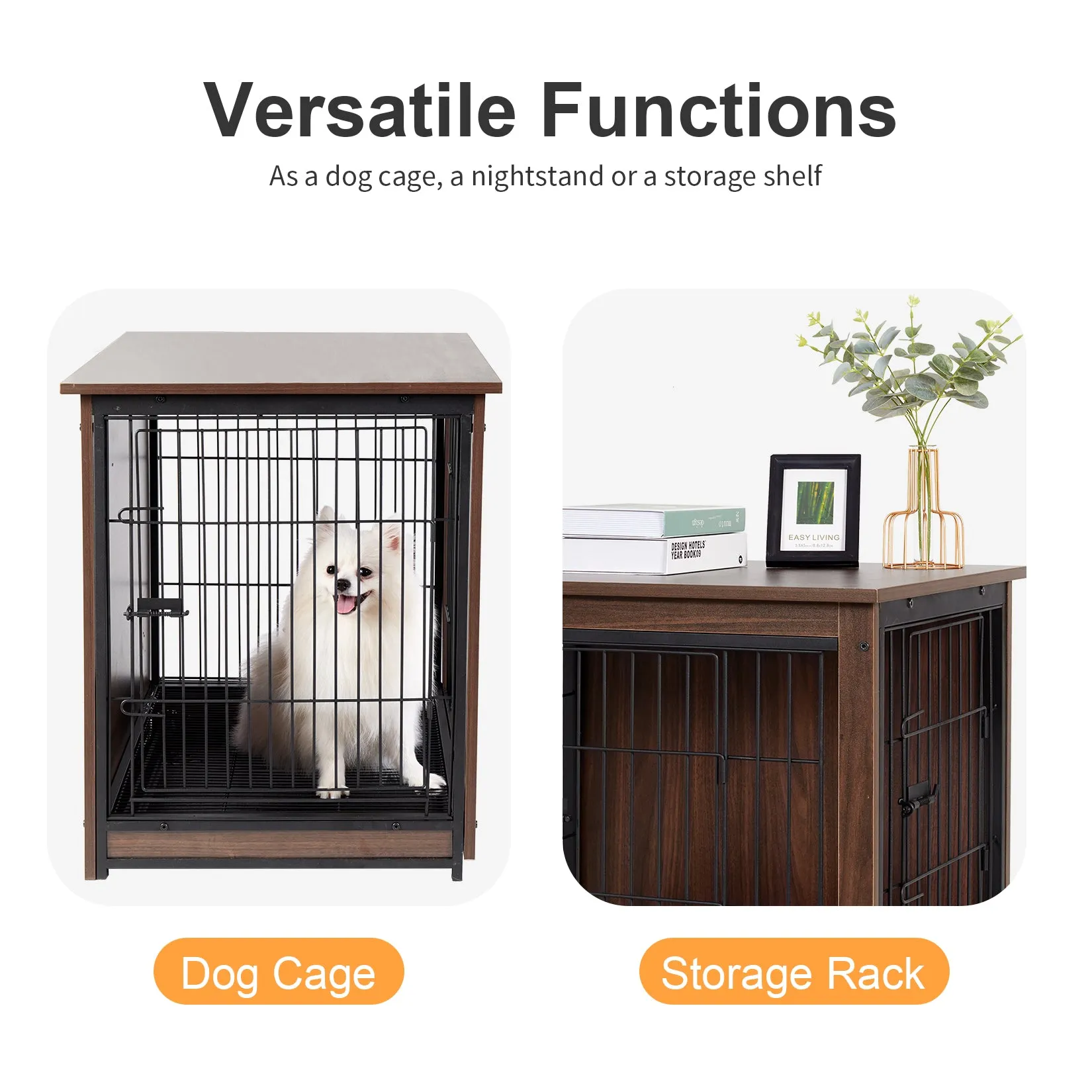 Dog Training Crate Kennel Double Door with Tray Metal Wood Dog Cage