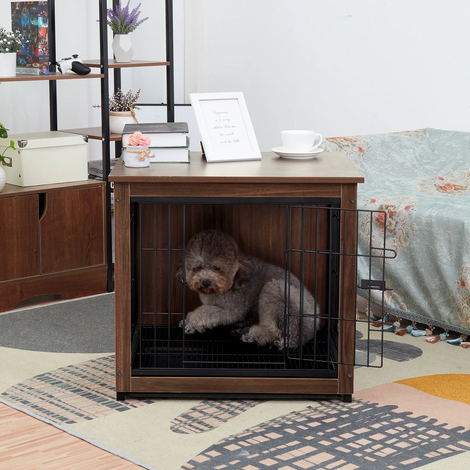 Dog Training Crate Kennel Double Door with Tray Metal Wood Dog Cage