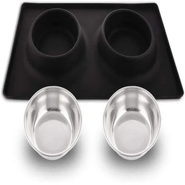 Goofy Tails Rectangle Silicone Double Dinner with Stainless Steel Food Bowl For Dogs (Black)