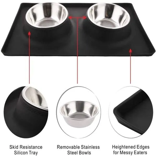 Goofy Tails Rectangle Silicone Double Dinner with Stainless Steel Food Bowl For Dogs (Black)