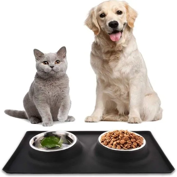 Goofy Tails Rectangle Silicone Double Dinner with Stainless Steel Food Bowl For Dogs (Black)