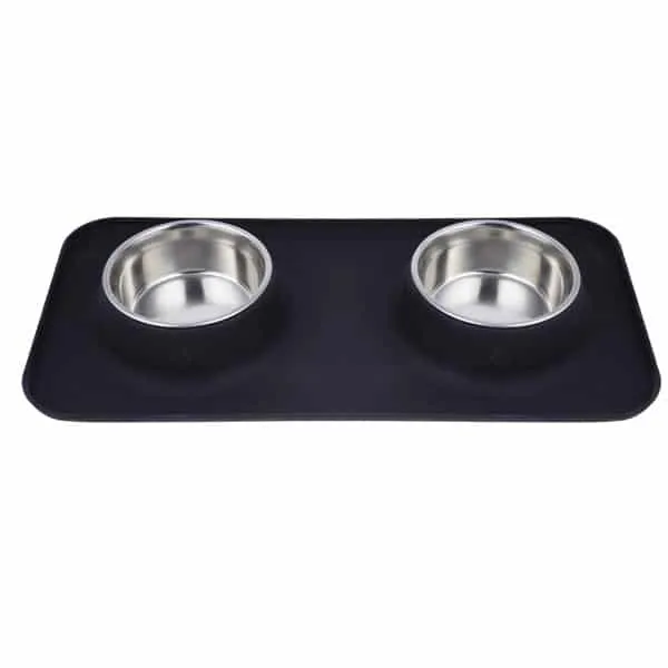 Goofy Tails Rectangle Silicone Double Dinner with Stainless Steel Food Bowl For Dogs (Black)