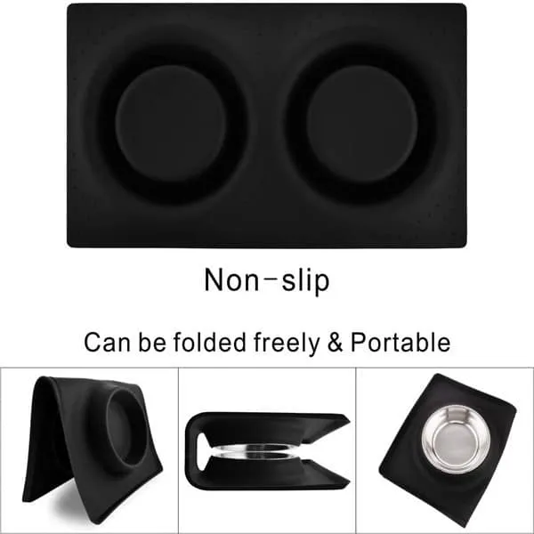 Goofy Tails Rectangle Silicone Double Dinner with Stainless Steel Food Bowl For Dogs (Black)