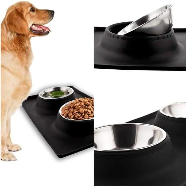 Goofy Tails Rectangle Silicone Double Dinner with Stainless Steel Food Bowl For Dogs (Black)