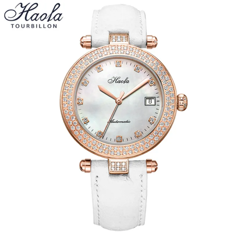 Haofa Automatic Sapphire Date Rhinestone Pearl Shell Dial Ladies Watch Bamboo Calfskin Strap 1315