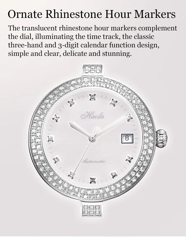 Haofa Automatic Sapphire Date Rhinestone Pearl Shell Dial Ladies Watch Bamboo Calfskin Strap 1315