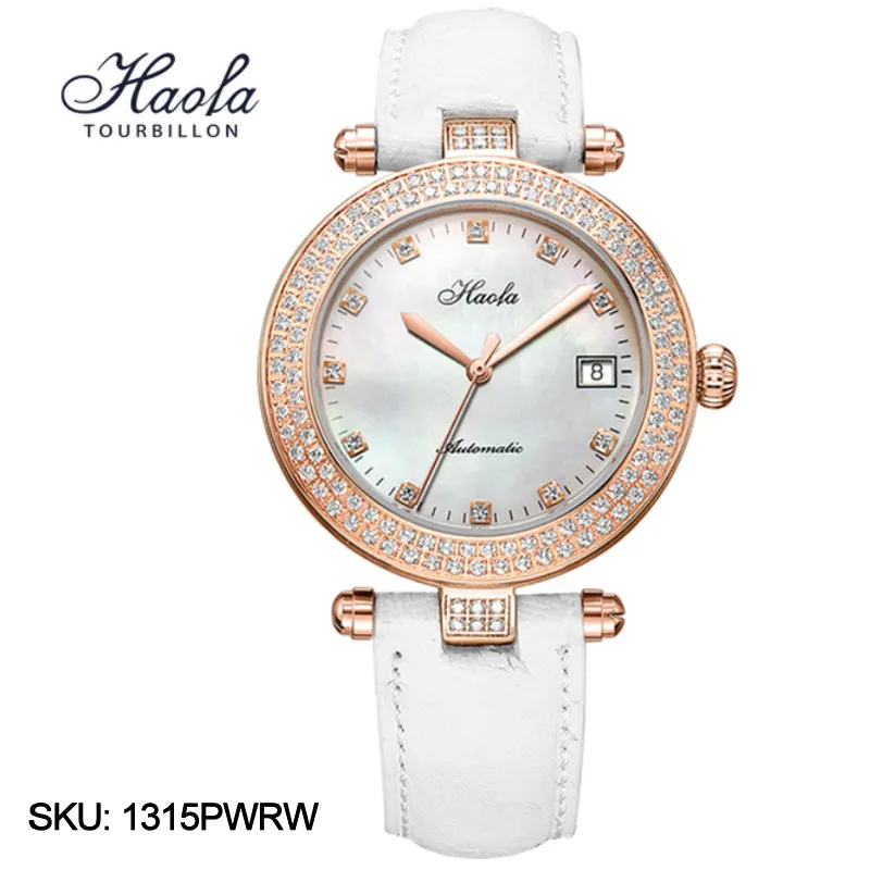 Haofa Automatic Sapphire Date Rhinestone Pearl Shell Dial Ladies Watch Bamboo Calfskin Strap 1315