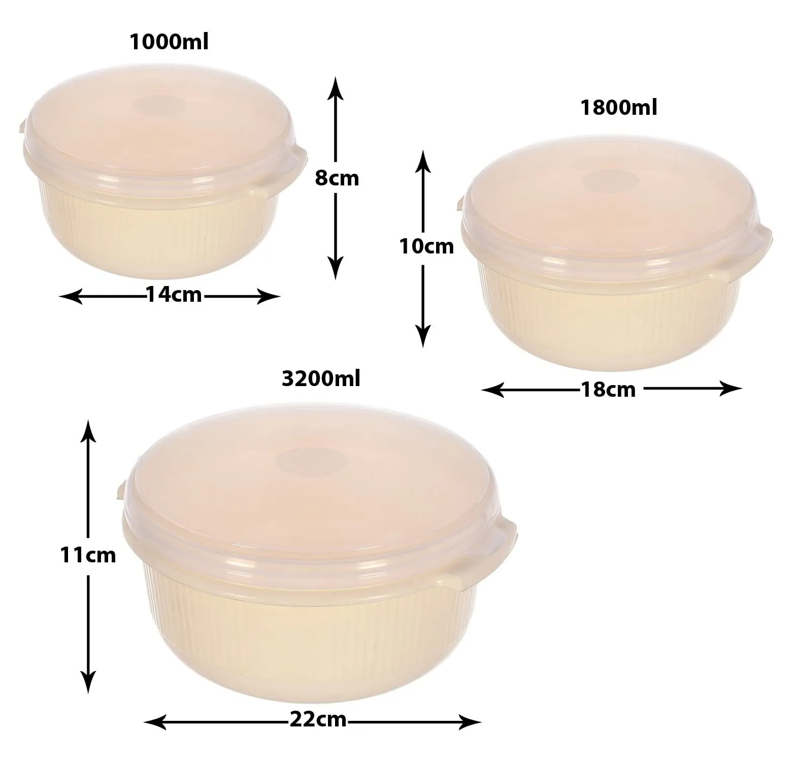 Heart Home Food Grade, Microwave & Freezer Safe Plastic Bowls, Food Storage Container Set With Lid, Set of 3 (3200ml, 1800ml, 1000ml) (Cream)-46HH0318