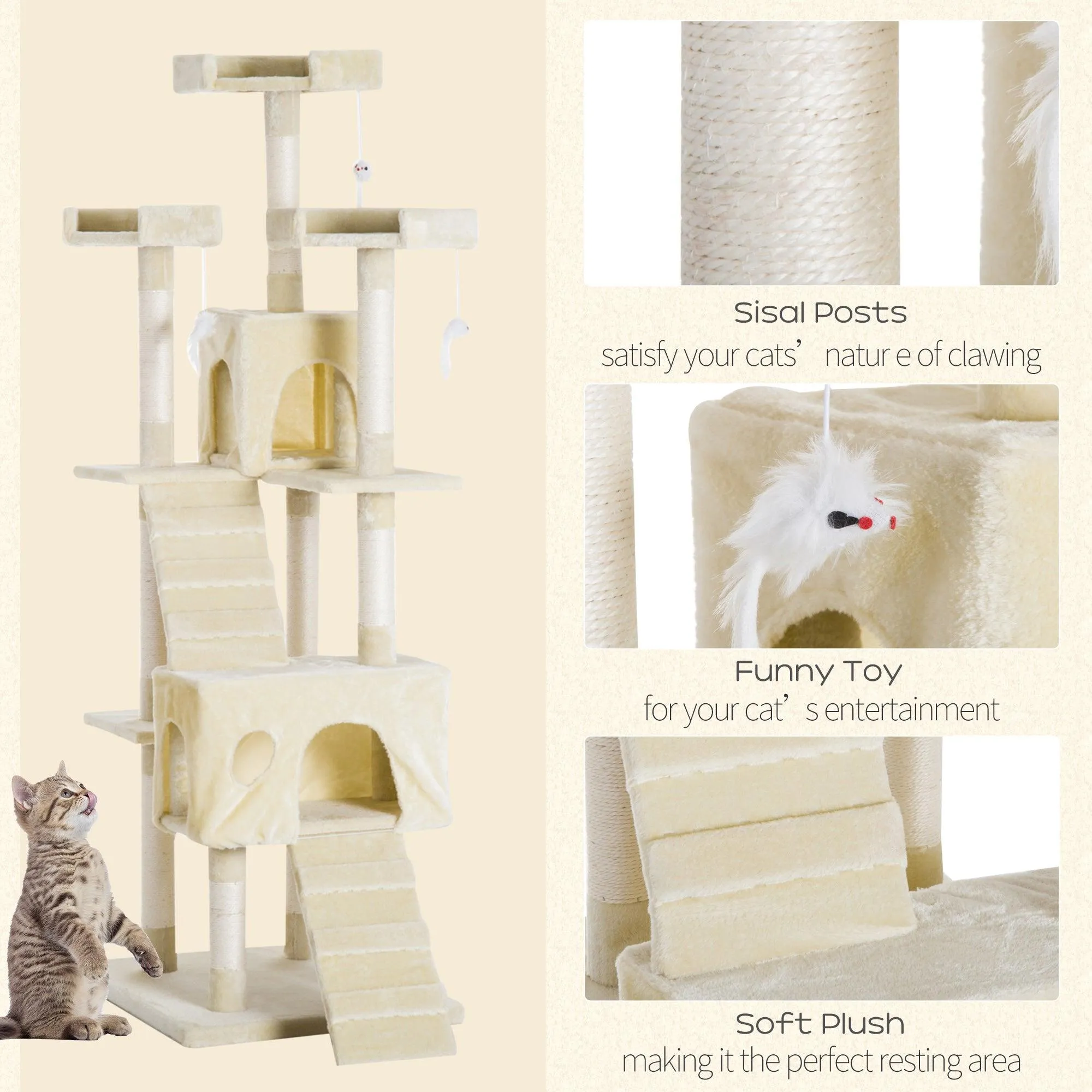 Multi-Level Cat Tower, Scratching Post, Cat Bed, 181cm - Beige