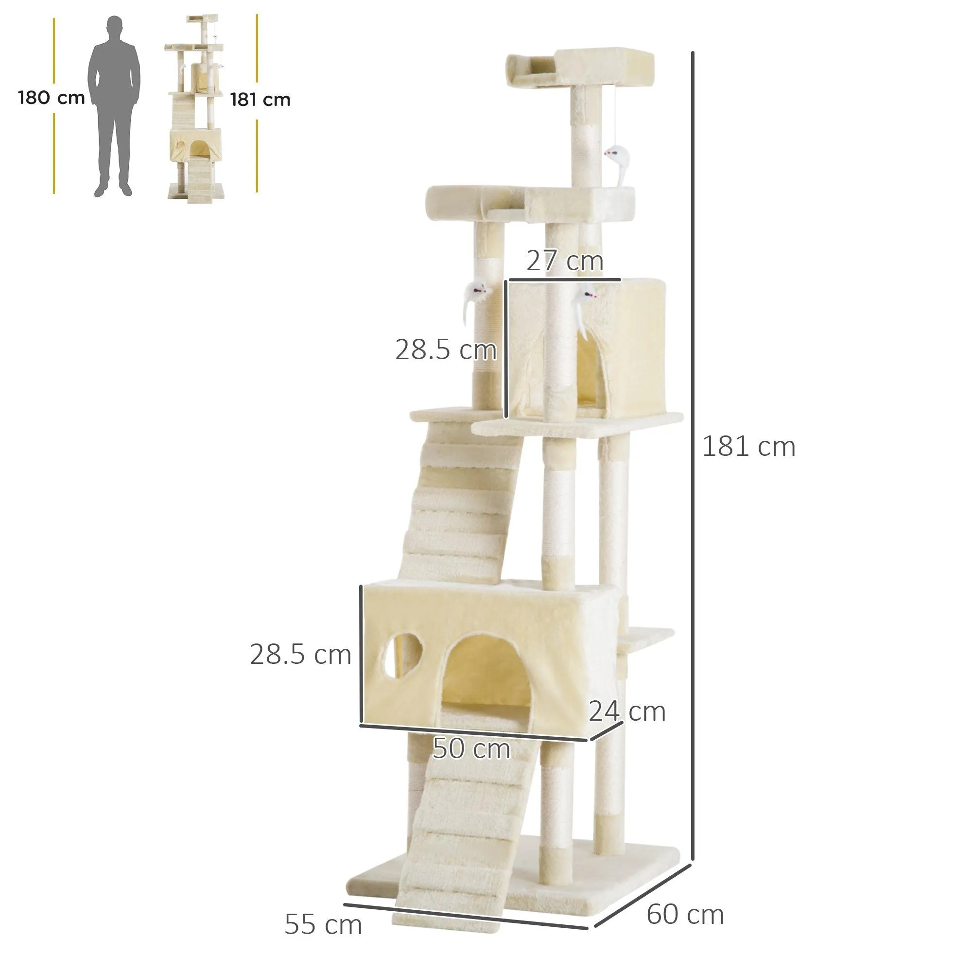 Multi-Level Cat Tower, Scratching Post, Cat Bed, 181cm - Beige