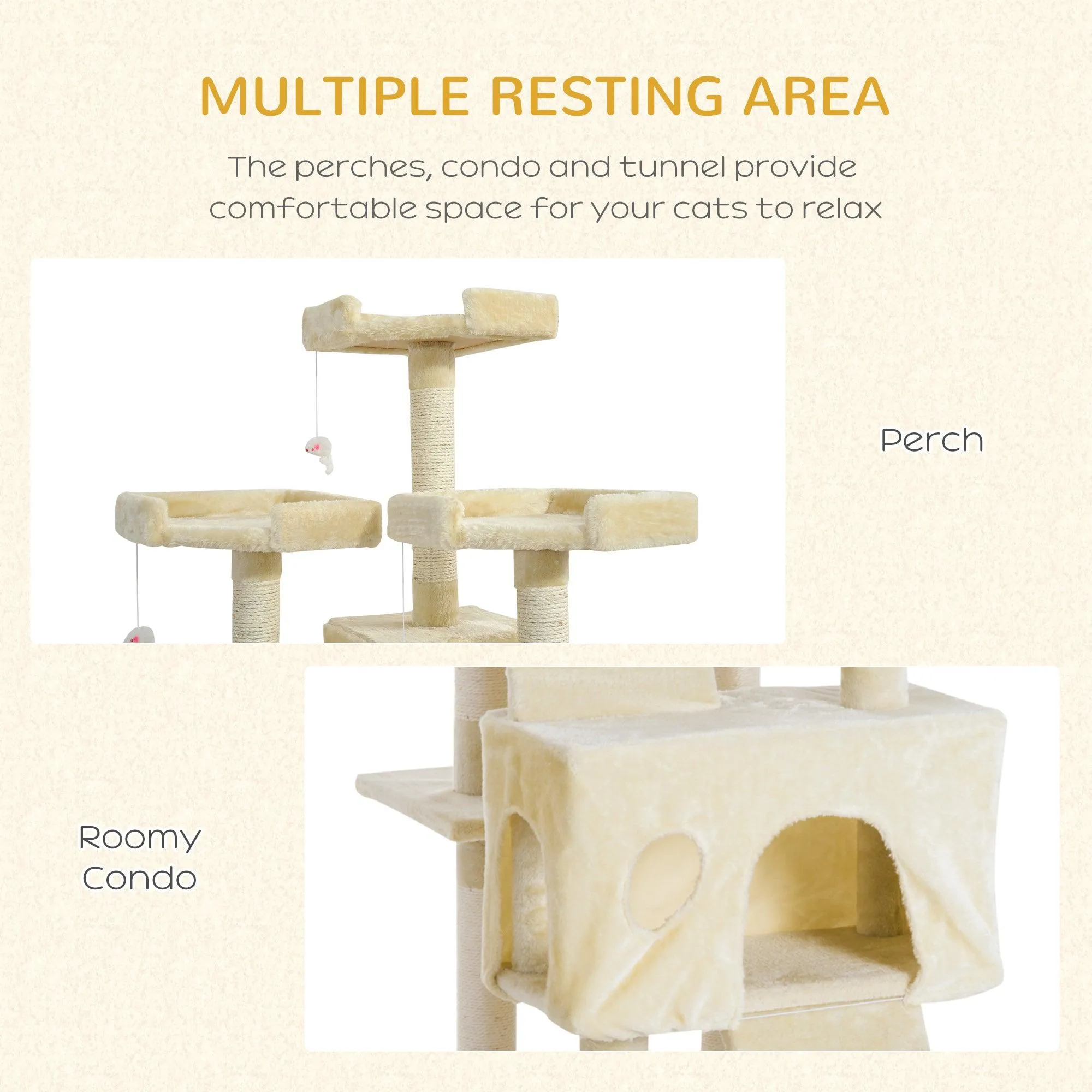 Multi-Level Cat Tower, Scratching Post, Cat Bed, 181cm - Beige