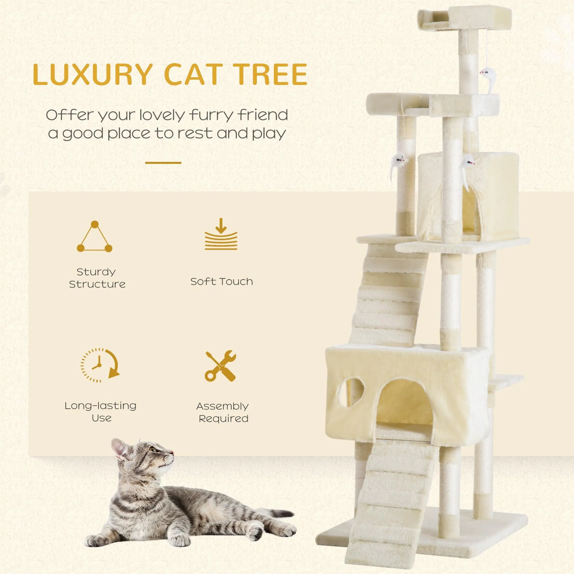 Multi-Level Cat Tower, Scratching Post, Cat Bed, 181cm - Beige