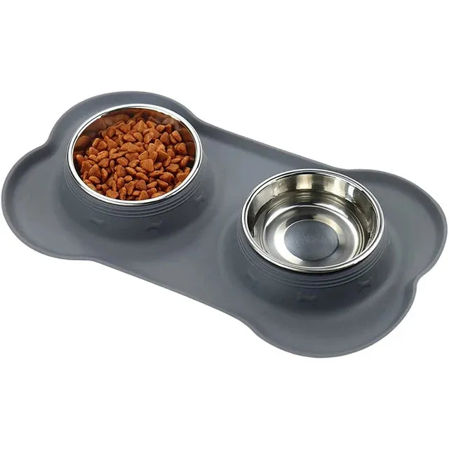 Non-Slip Double Dog Bowl with Silicone Mat – Durable Stainless Steel Food and Water Feeder for Pets