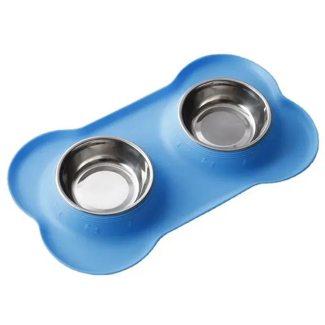 Non-Slip Double Dog Bowl with Silicone Mat – Durable Stainless Steel Food and Water Feeder for Pets