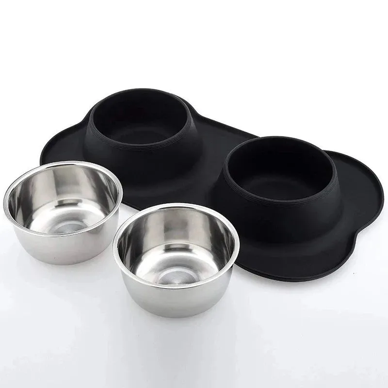 Non-Slip Double Dog Bowl with Silicone Mat – Durable Stainless Steel Food and Water Feeder for Pets