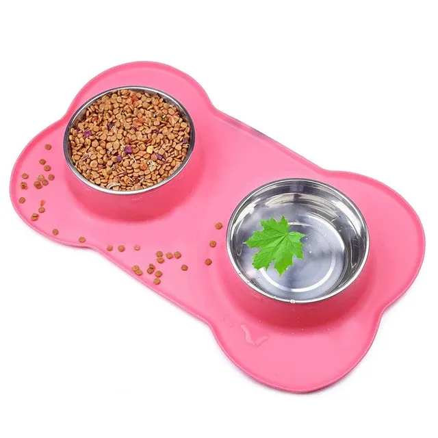 Non-Slip Double Dog Bowl with Silicone Mat – Durable Stainless Steel Food and Water Feeder for Pets