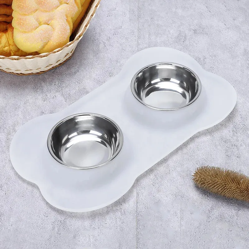 Non-Slip Double Dog Bowl with Silicone Mat – Durable Stainless Steel Food and Water Feeder for Pets