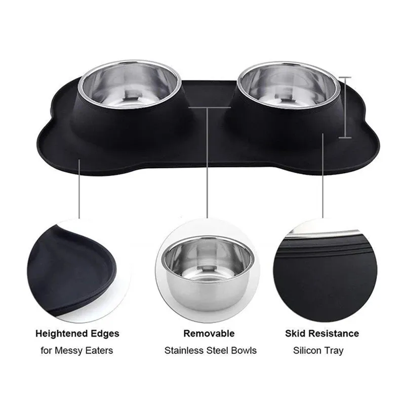 Non-Slip Double Dog Bowl with Silicone Mat – Durable Stainless Steel Food and Water Feeder for Pets