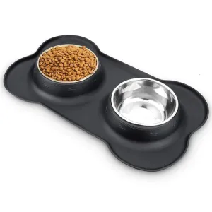 Non-Slip Double Dog Bowl with Silicone Mat – Durable Stainless Steel Food and Water Feeder for Pets