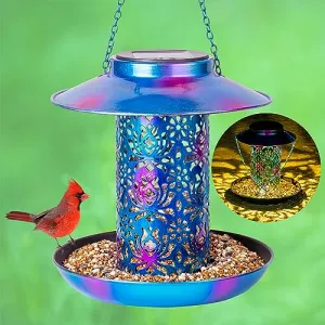 Ottsuls Solar Bird Feeder for Outdoors Hanging, Metal Wild Cardinals Garden Lantern with S Hook, Weatherproof and Water Resistant Birdfeeders as Gift Idea for Bird Lovers (Blue)