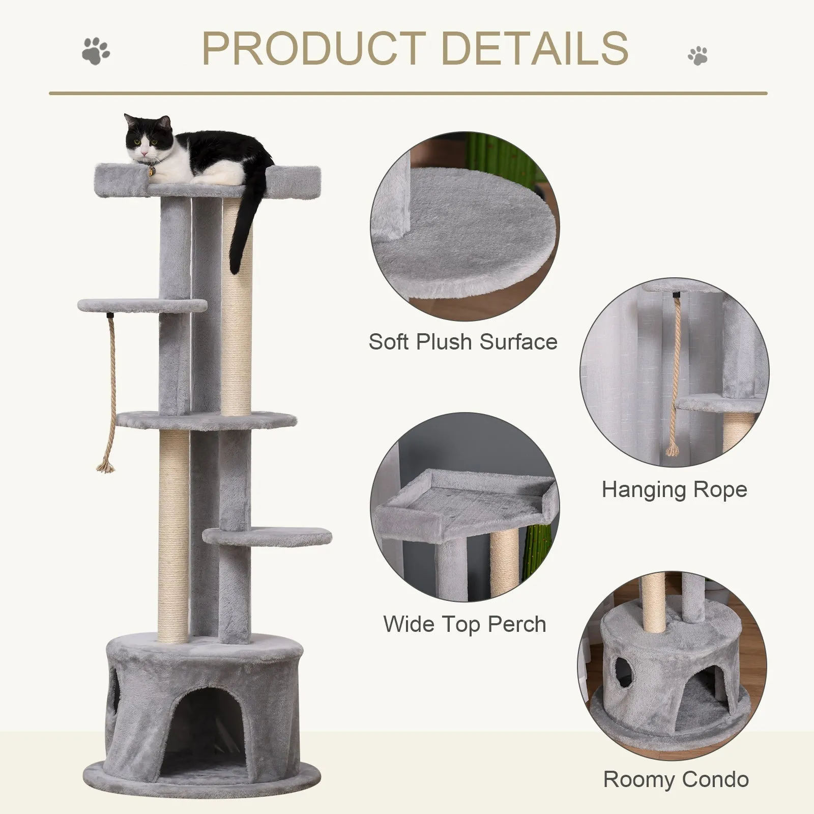 PawHut ?55 x 150H cm Cat Tree Multi-level Kitten Tower w/ Scratching Post Condo Plush Perches Grey