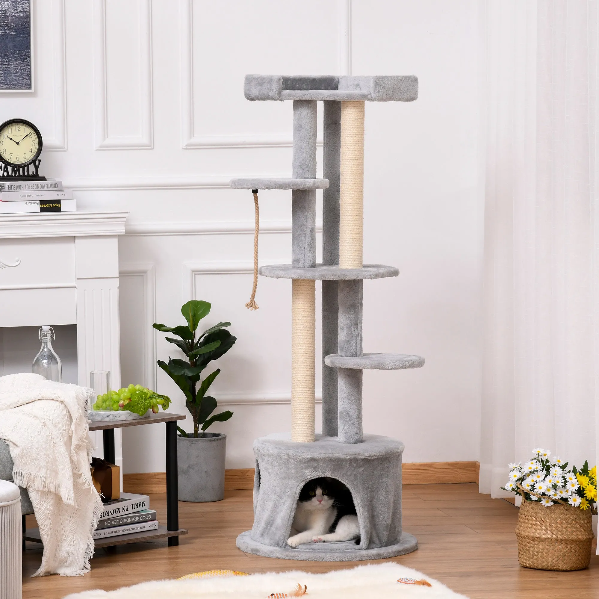 PawHut ?55 x 150H cm Cat Tree Multi-level Kitten Tower w/ Scratching Post Condo Plush Perches Grey