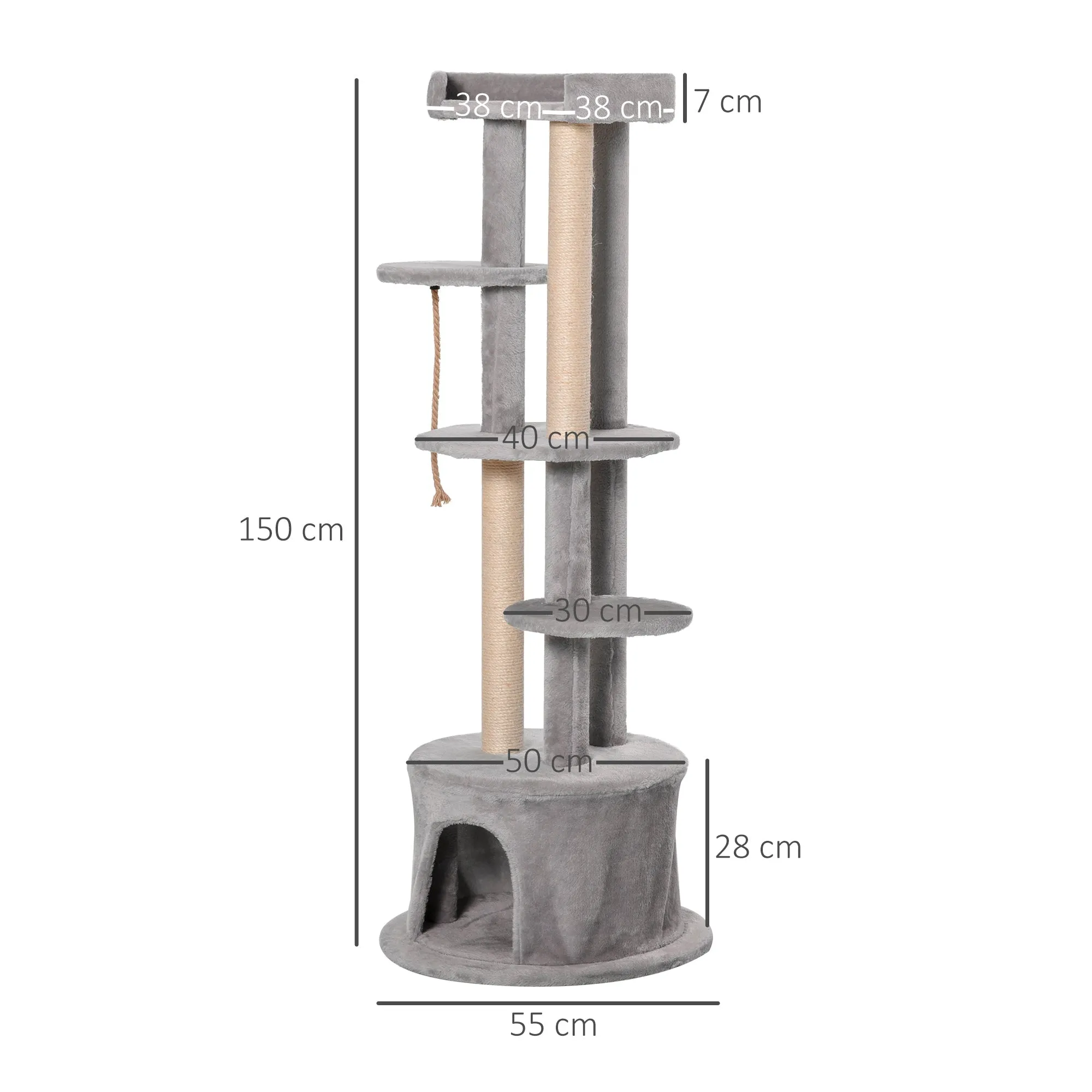 PawHut ?55 x 150H cm Cat Tree Multi-level Kitten Tower w/ Scratching Post Condo Plush Perches Grey