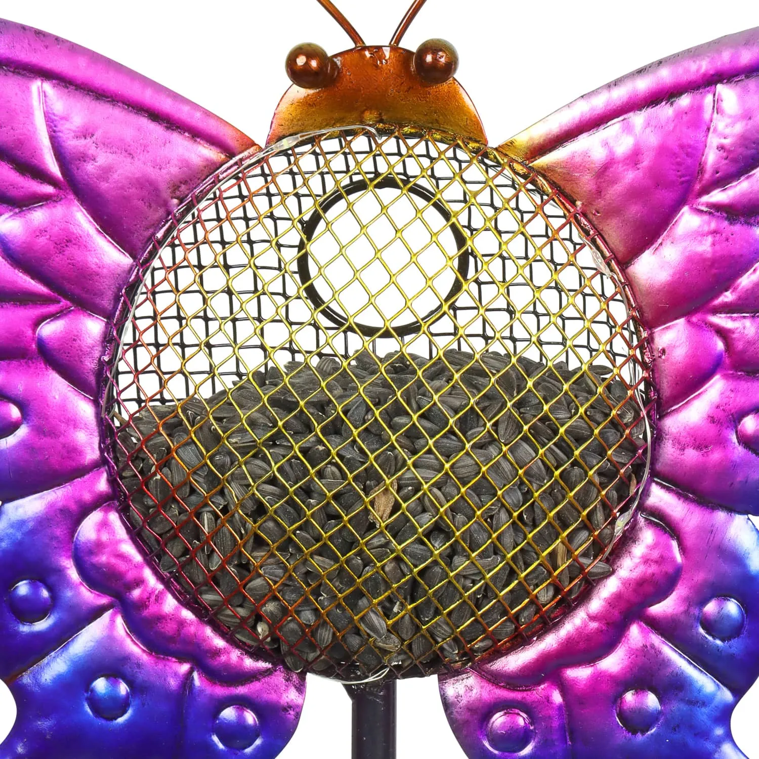 Solar Hand Painted Butterfly Metal Mesh Pellet Bird Feeder Garden Stake, 12.5 by 36 Inches