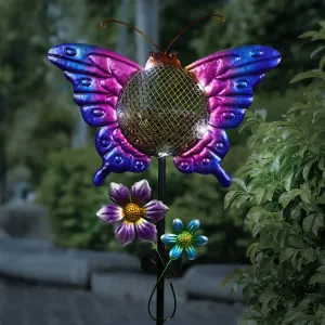 Solar Hand Painted Butterfly Metal Mesh Pellet Bird Feeder Garden Stake, 12.5 by 36 Inches