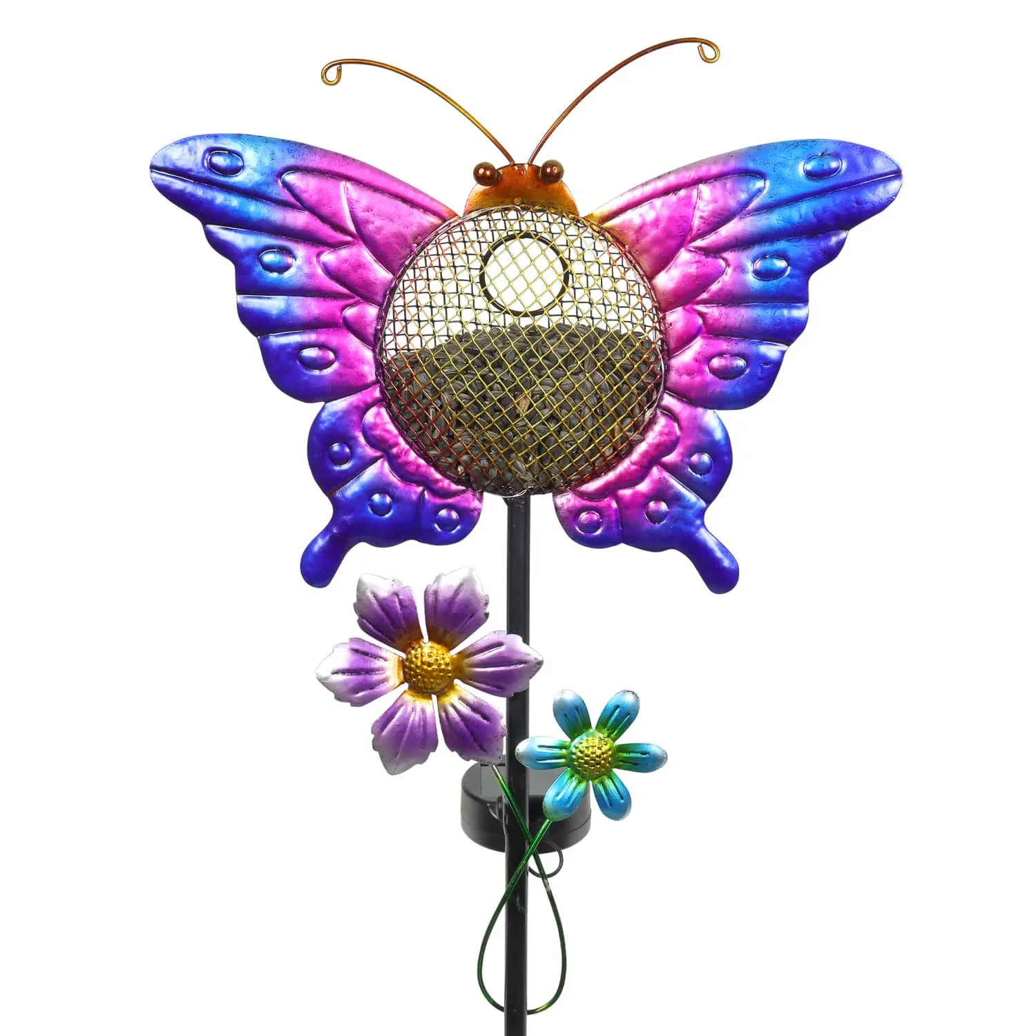 Solar Hand Painted Butterfly Metal Mesh Pellet Bird Feeder Garden Stake, 12.5 by 36 Inches