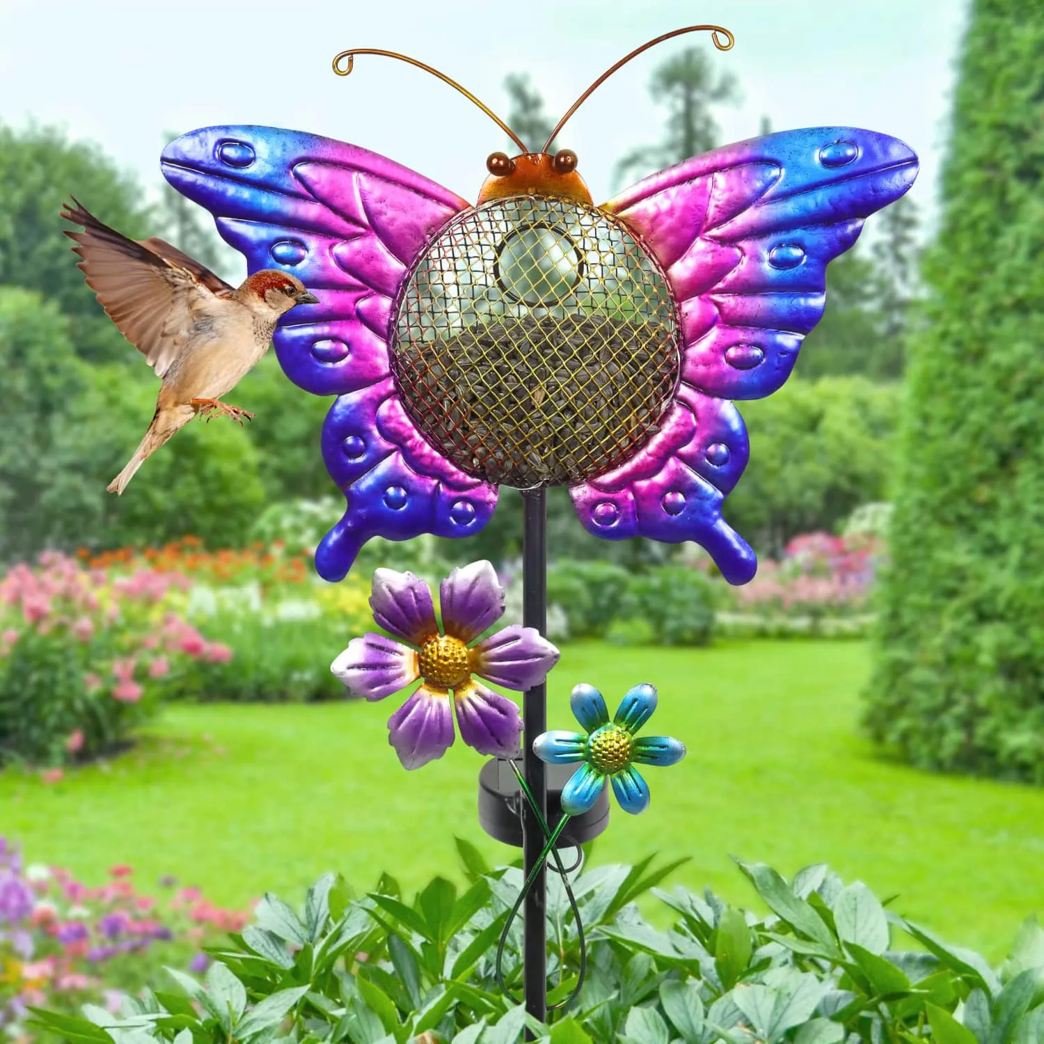 Solar Hand Painted Butterfly Metal Mesh Pellet Bird Feeder Garden Stake, 12.5 by 36 Inches